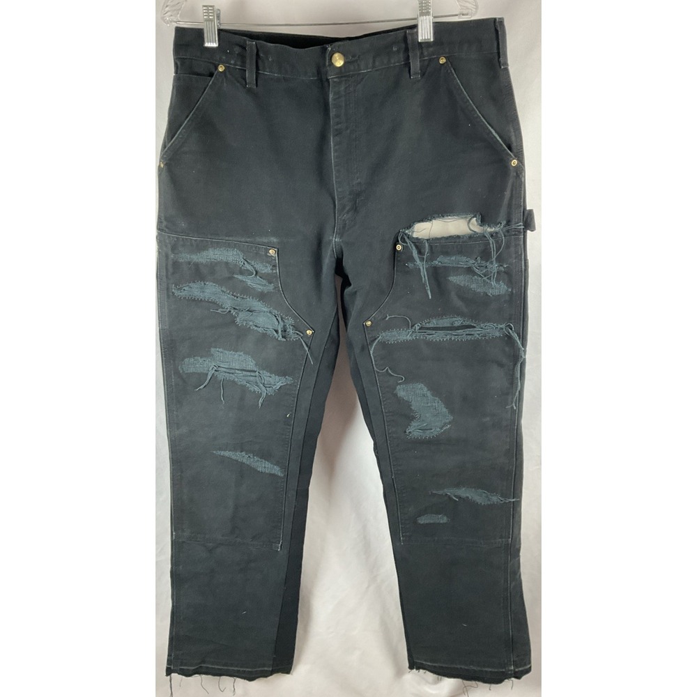 Carhartt Mens Black 36x34 Double Knee Distressed Custom Altered Wide Flare Jeans